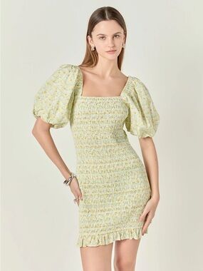 English Factory Floral Smocked Puff Sleeve Mini Dress Yellow Multi XS